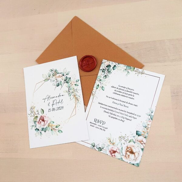 Invitatie de nunta fata-verso, model verde cu frunze, trandafiri si rama aurie