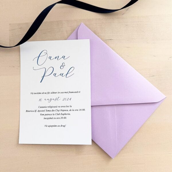 Invitatie de nunta, model modern minimalist, scris culoarea albastru