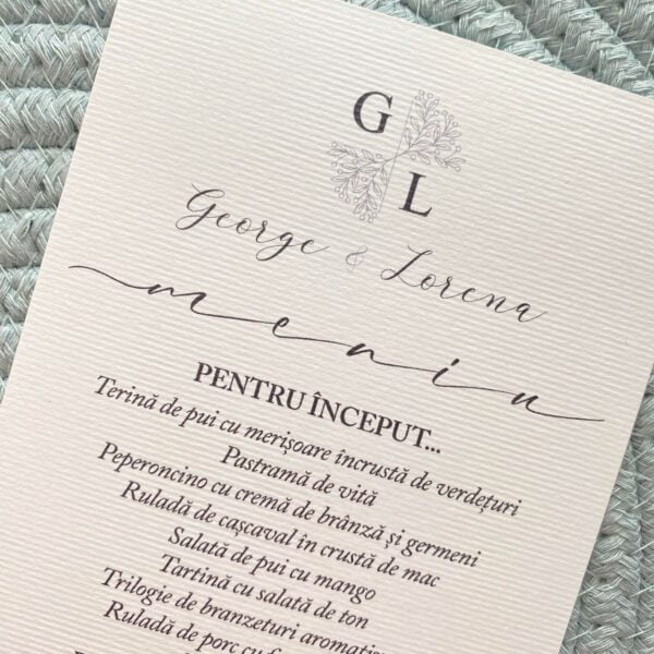 Meniu nunta individual fata-verso carton texturat 24 Minimalist Monogram - imagine 3
