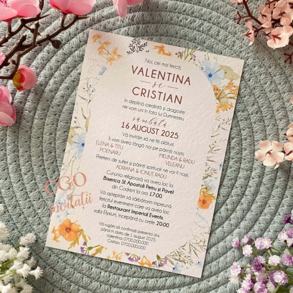 [SET] Invitatii Nunta 51 Flori de Camp pe Carton Texturat cu Foaie de Calc si Sigiliu - imagine 3