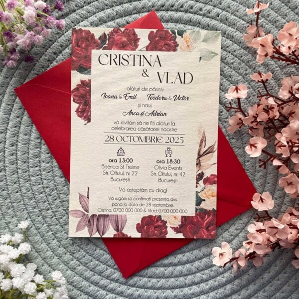 invitatii nunta visiniu